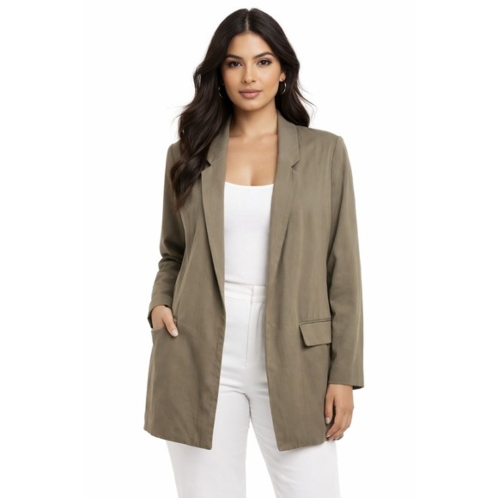 H&M Olive Green Open Front Longline Blazer Jacket Notched Lapel 12‎ Career 72-13